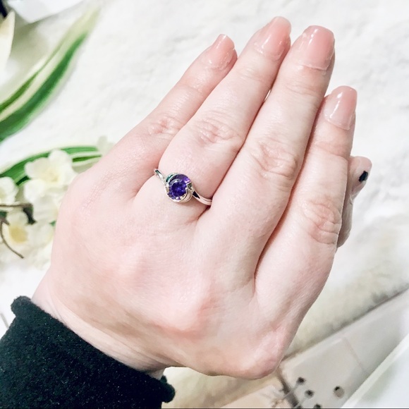 💜Dainty Lavender Round Solitaire Ring Synthetic Stone Sliver Ring 4-Prongs Band - Picture 10 of 16